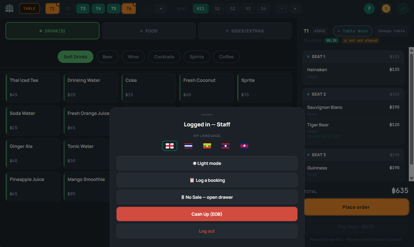 KEEP staff account menu showing language options and staff tools
